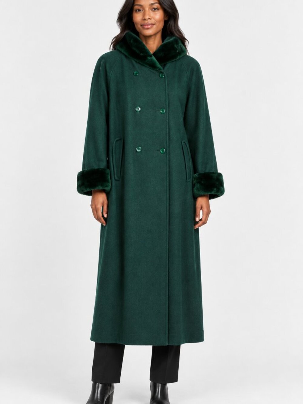 Vintage Studio Dark Green Wool Overcoat – Long Full Length Hooded Coat – Women’s